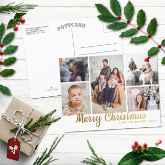 Stylish Gold Merry Christmas 5 Photo Collage Holiday Postcard