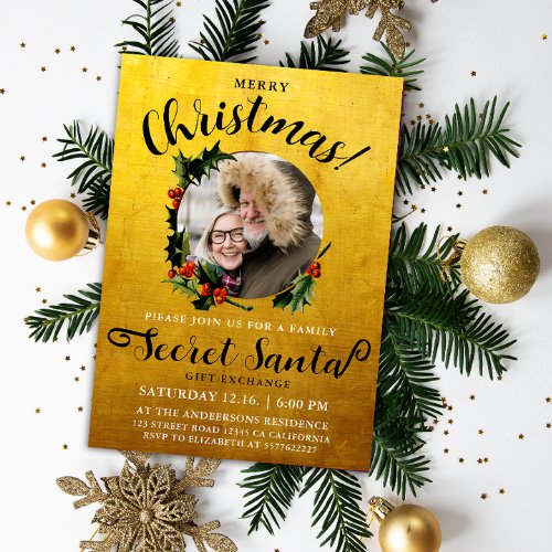 Stylish Gold Merry Christmas Secret Santa Photo Invitation