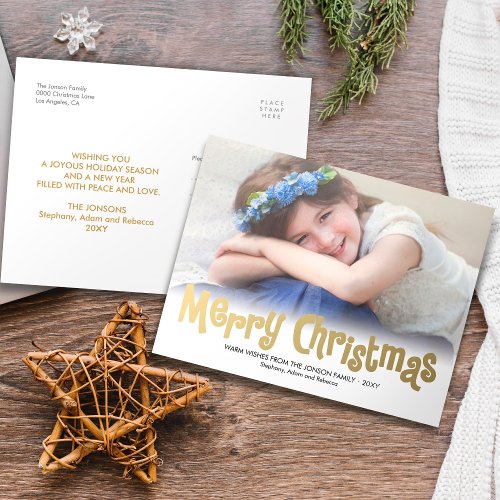 Stylish Gold Merry Xmas Photo Modern Postcard