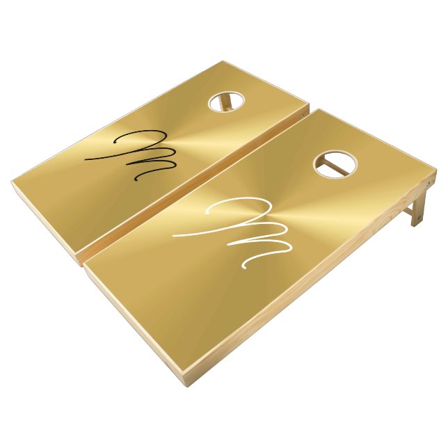  Stylish Gold Metallic Natural Wood Cornhole Set (Angled)