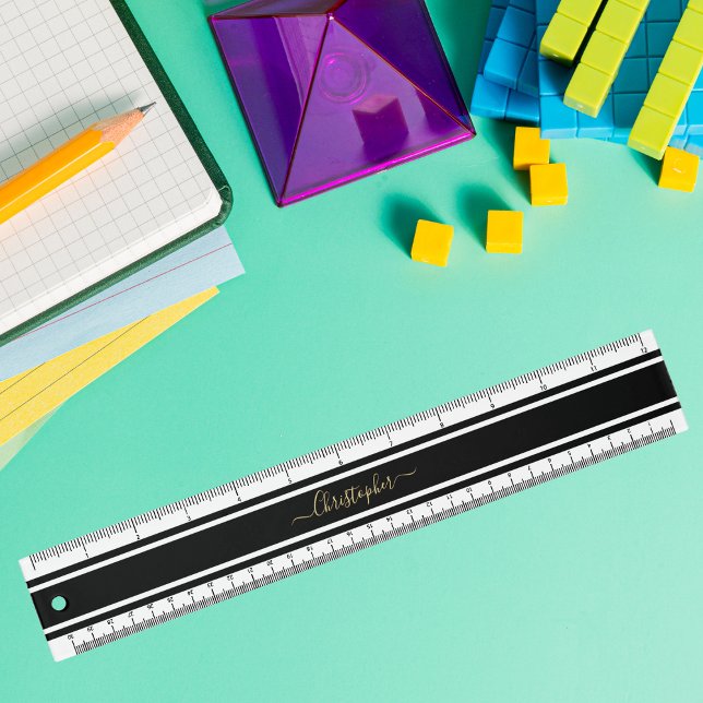 Stylish Gold Monogram Black White Racing Stripes Ruler (Stylish Gold Monogram Black White Racing Stripes Ruler)