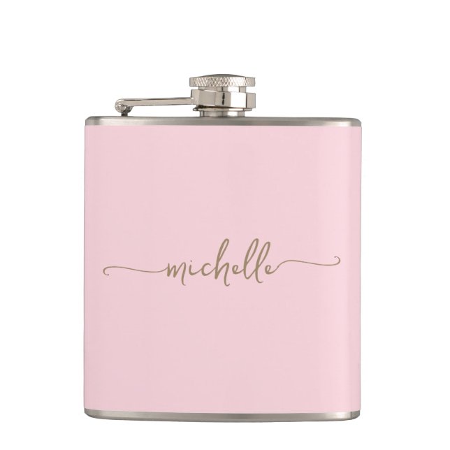 Stylish Gold Monogram Name Script Blush Pink Flask (Front)
