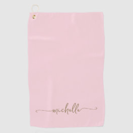 Stylish Gold Monogram Name Script Blush Pink Golf Towel