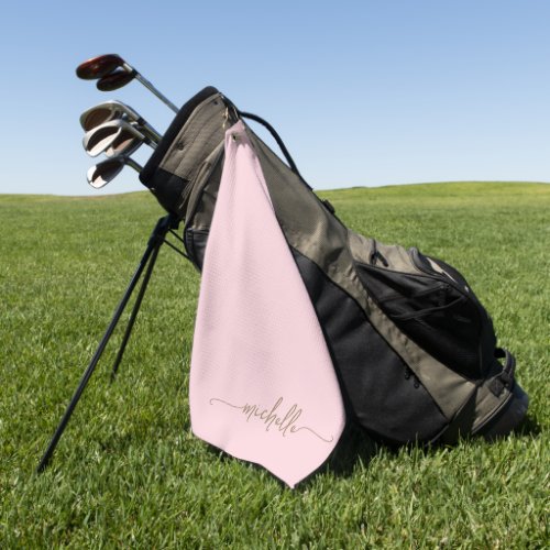 Stylish Gold Monogram Name Script Blush Pink Golf Towel