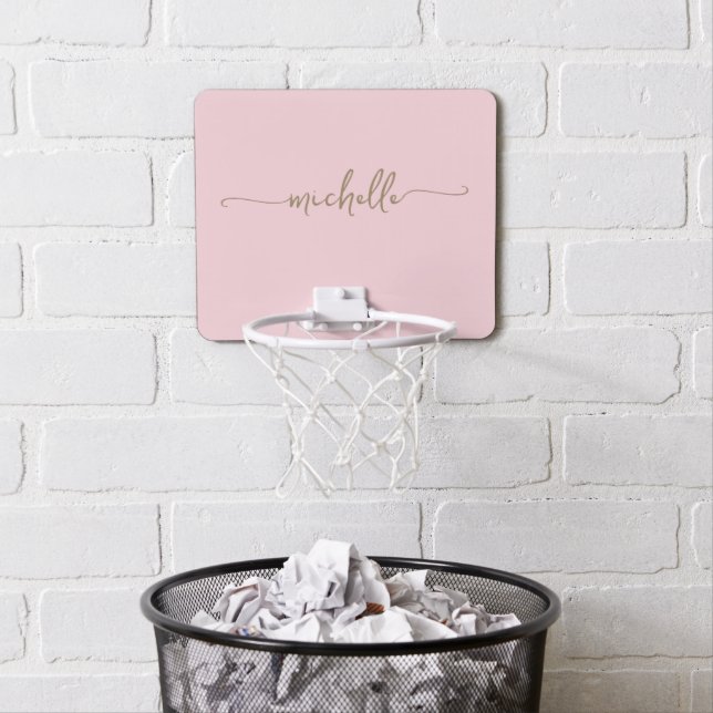 Stylish Gold Monogram Name Script Pale Pink Mini Basketball Hoop (In Situ)
