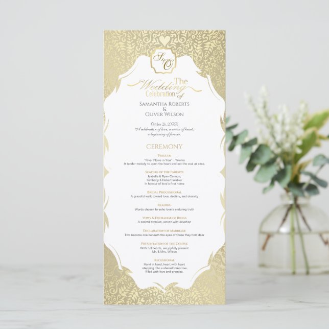 Stylish Gold Monogram Wedding Program (Standing Front)