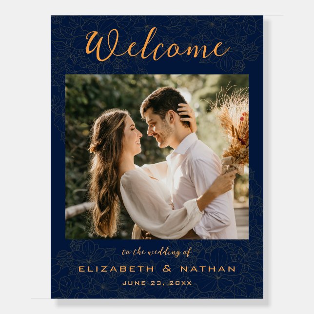 Stylish Gold Navy Blue Photo Wedding Welcome  Foam Board (Front)