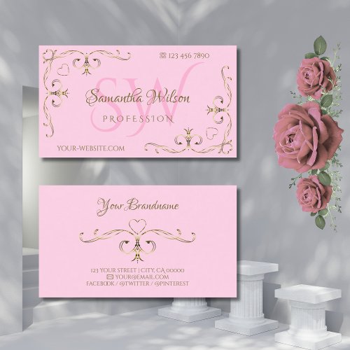Stylish Gold Ornate Corners Initials Light Pink Business Card