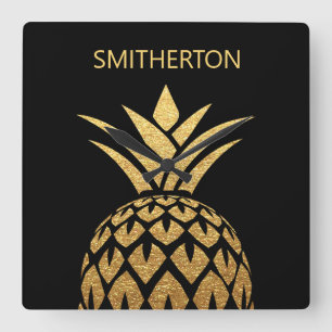 Stylish Gold Pineapple Black Family Name  Square Wall Clock