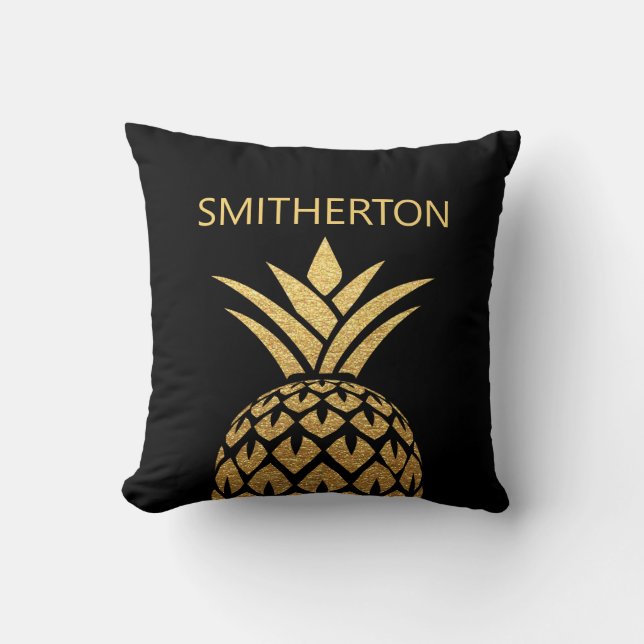 Stylish Gold Pineapple Black Family Name Throw Pillow (Front)