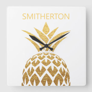 Stylish Gold Pineapple White Family Name  Square Wall Clock