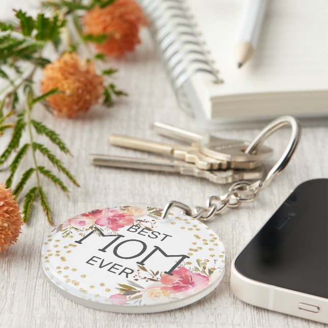 Stylish Gold Pink Floral Mom Keychain (Front Right)