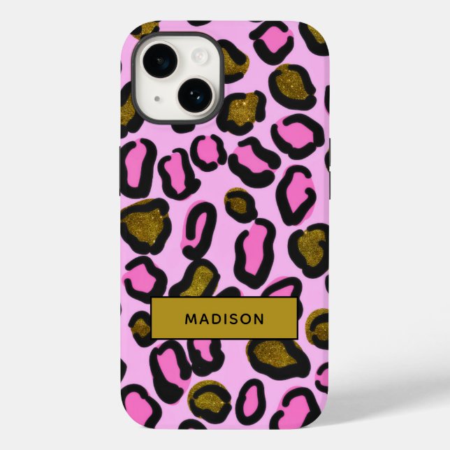 Stylish Gold Pink Glitter Leopard Print Name Case-Mate iPhone Case (Back)