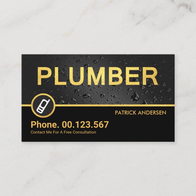 Stylish Gold Plumber Signage Water Drop Leakage Business Card (Front)
