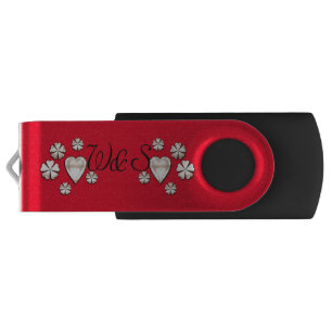 Stylish gold red hearts flowers personalized flash drive