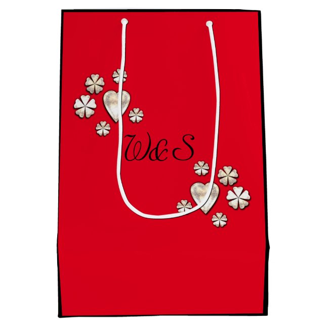 Stylish gold red hearts flowers personalized medium gift bag (Back)