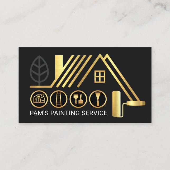 Stylish Gold Rooftop Building Paint Brush Business Card (Front)