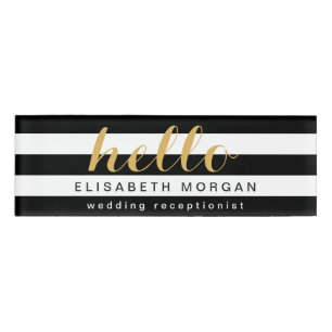 Stylish Gold Say Hello Black White Stripes Name Tag