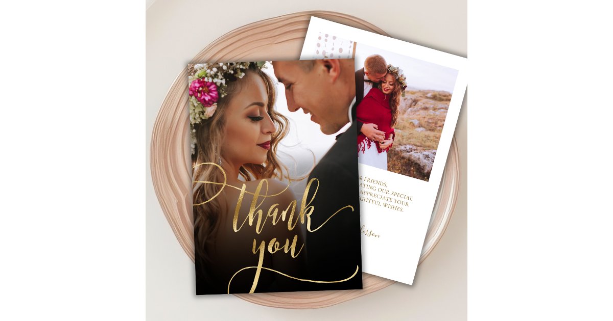 Stylish Gold Script 2 Photo Wedding Thank You Card | Zazzle