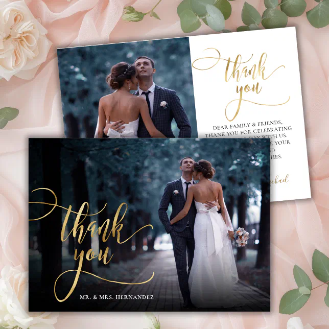 Stylish Gold Script 2 Photo Wedding Thank You Card | Zazzle