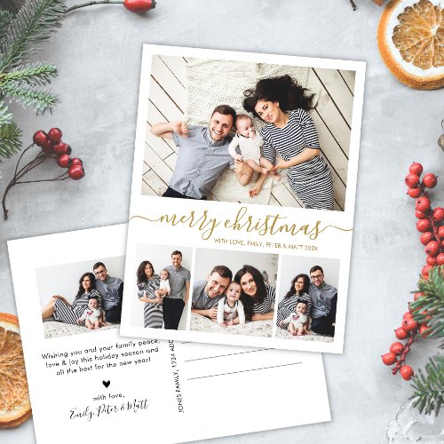 Stylish Gold Script 4 Photo Collage Christmas  Pos Postcard