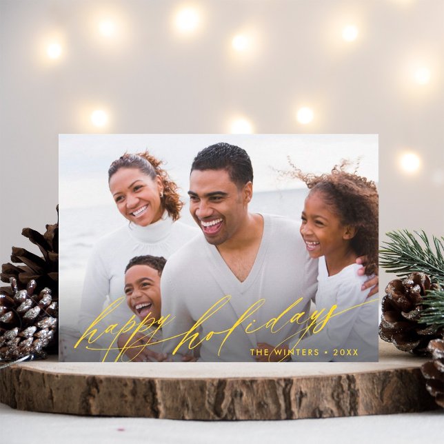 Stylish Gold Script Christmas Photo Landscape Holiday Card (Creator Uploaded)