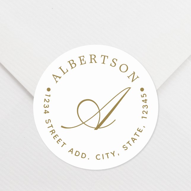 Stylish Gold Script Monogram Family Name Address Classic Round Sticker (Creator Uploaded)