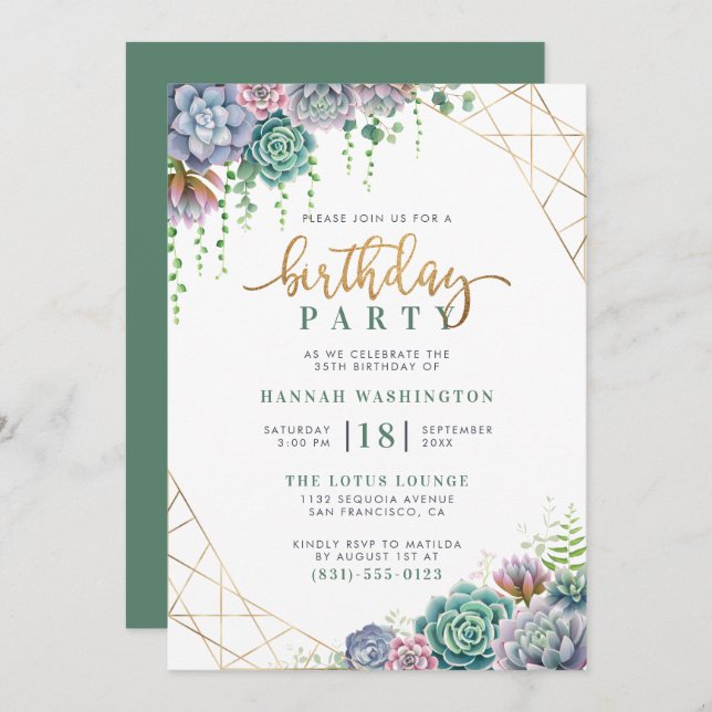 Stylish Gold Script & Succulents Birthday Party Invitation (Front/Back)