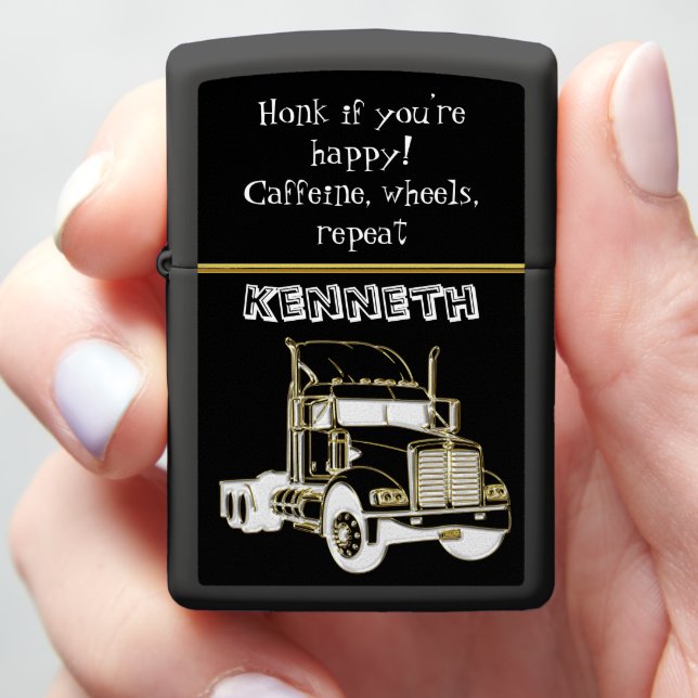 Stylish Gold Semi-Truck Graphic Zippo Lighter (In Hand)