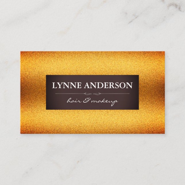 Stylish Gold Shimmer with Brown Label Business Card (Front)