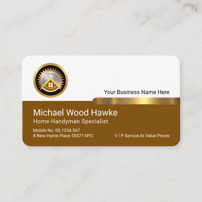 Stylish Gold Tab On White Brown Layer Business Card (Front)
