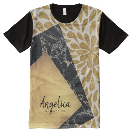 Stylish Gold Teardrop Black Marble Stone Monogram All-Over-Print Shirt