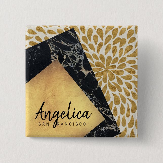 Stylish Gold Teardrop Paint Black Marble Monogram Button (Front)