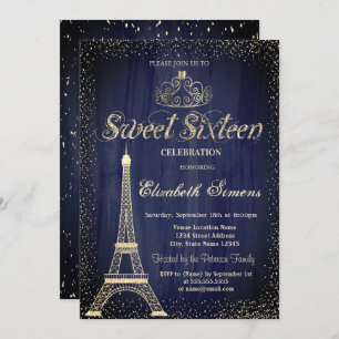 Stylish Gold Tiara Confetti Eiffel Towel Sweet 16 Invitation