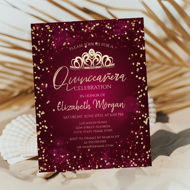 Stylish Gold Tiara,Diamonds Burgundy Quinceañera Invitation (Creator Uploaded)