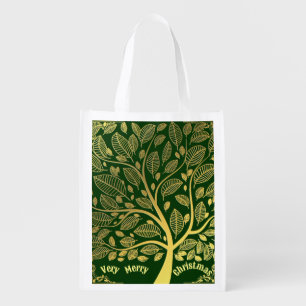 Stylish Gold Tree Of Life Foliage Merry Christmas Grocery Bag
