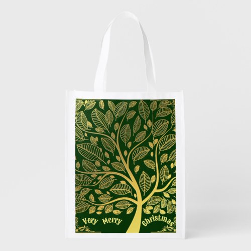 Stylish Gold Tree Of Life Foliage Merry Christmas  Grocery Bag