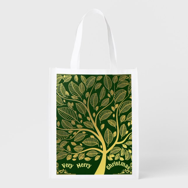 Stylish Gold Tree Of Life Foliage Merry Christmas  Grocery Bag (Front)
