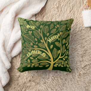 Stylish Gold Tree Of Life Foliage Merry Christmas Throw Pillow