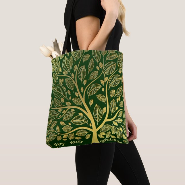 Stylish Gold Tree Of Life Foliage Merry Christmas  Tote Bag (Close Up)