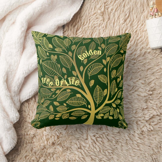 Stylish Gold Tree Of Life Green Foliage Greenery Throw Pillow (Blanket)