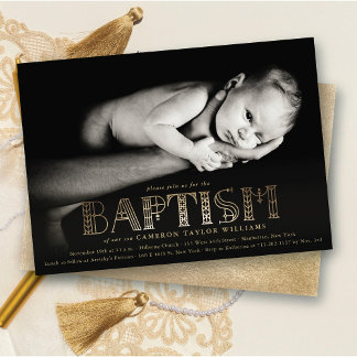 Stylish Gold Typography Elegant Chic Baptism Photo Invitation