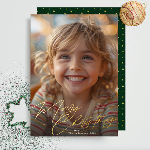 Stylish Gold Typography Merry Christmas Photo Foil Holiday Card