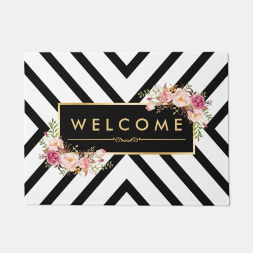 Stylish Gold Vintage Floral Black White Pattern Doormat