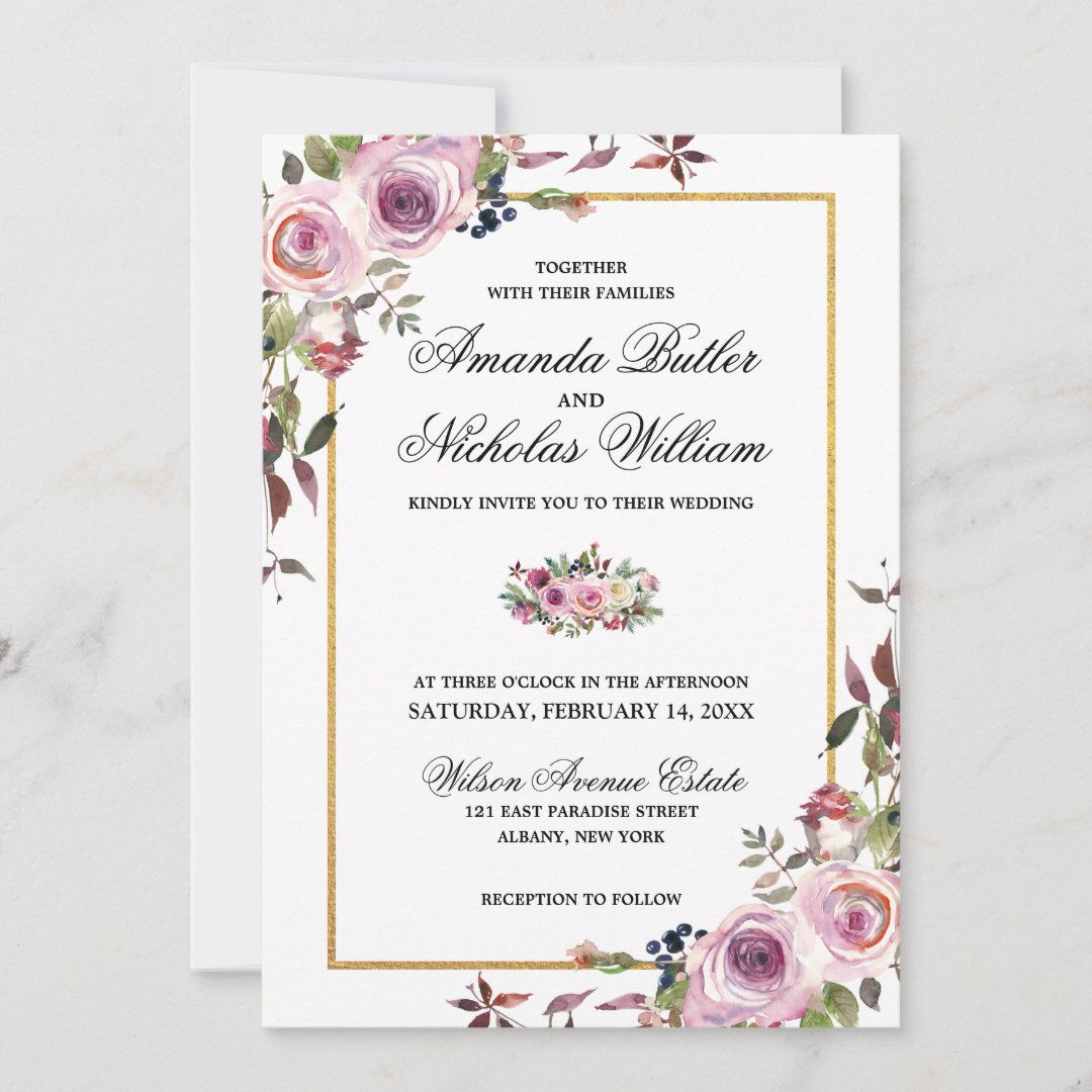 Stylish Gold Wedding Floral Watercolor Invitation | Zazzle