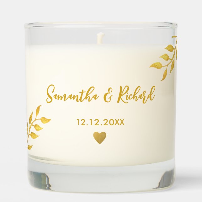Stylish Gold Wedding Thank You Heart Personalized Scented Candle (Front)