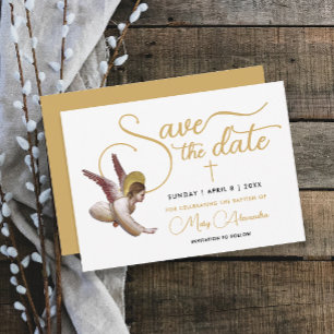Stylish Gold White Angel Bless Baptism Sacraments Save The Date