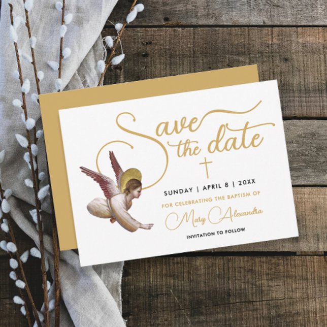 Stylish Gold White Angel Bless Baptism Sacraments Save The Date (Creator Uploaded)