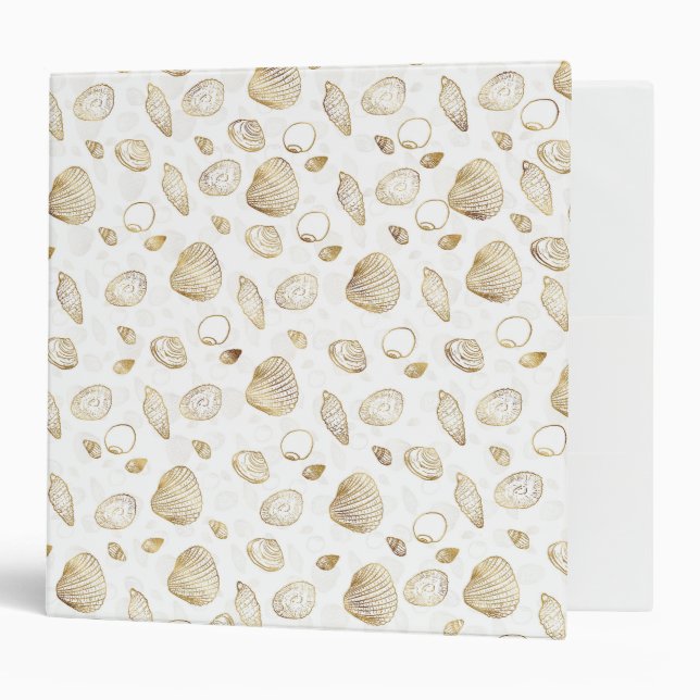 Stylish Gold White Seashells Pattern 3 Ring Binder (Front/Inside)
