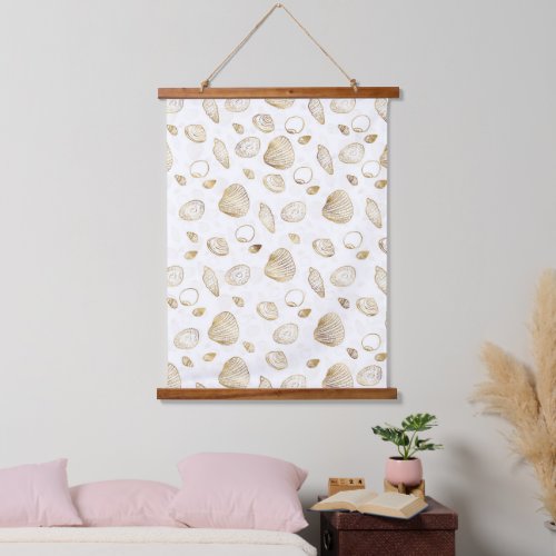 Stylish Gold White Seashells Pattern Hanging Tapestry